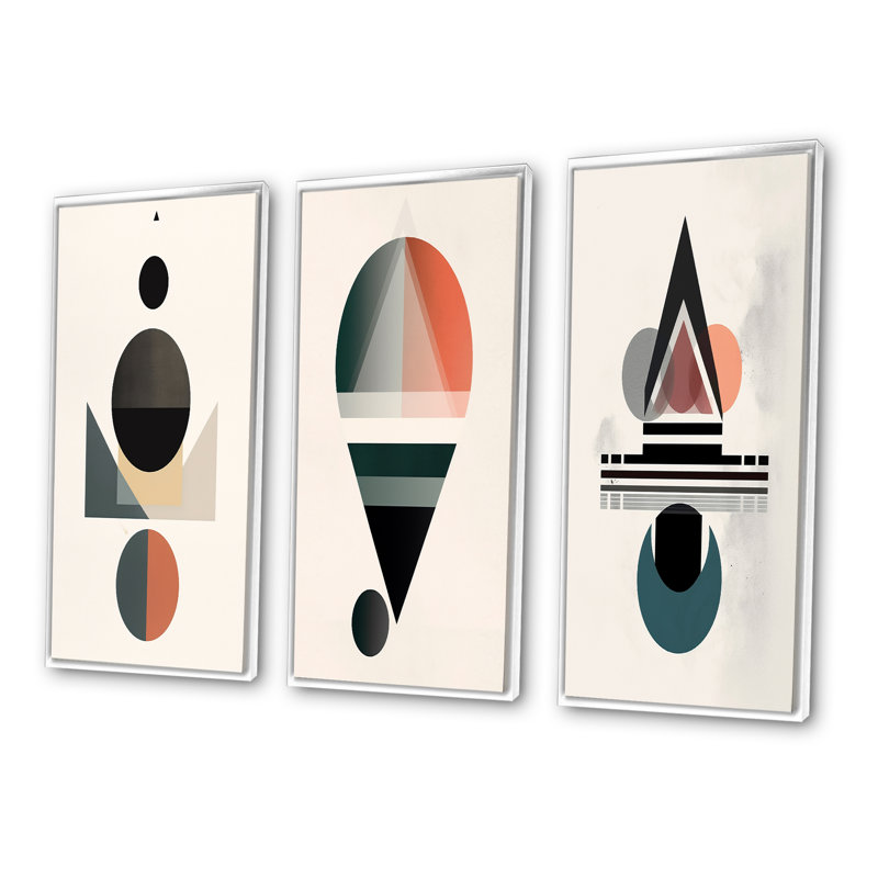 Visionary Retro Moon Geometric Minimalism III - Transitional Art Set Of 3 Pieces, Cadre blanc, H 28 po x l 36 po