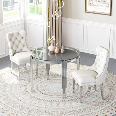 37"Modern Glass Dining Table Set, Irregular Stainless Steel Table Legs And Velvet Tufted Backrest Chairs