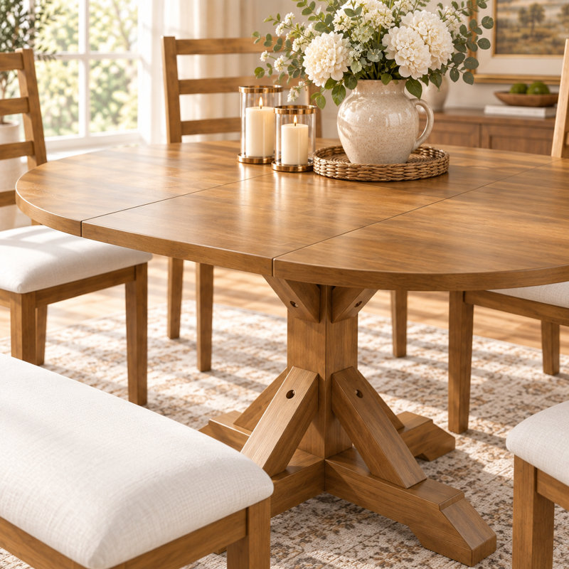 Ensemble de salle à manger extensible Cavressa 6 pièces, table à pied centrale en bois naturel avec rallonge amovible de 45 cm, 4 chaises à dossier échelle et banc de 112 cm
