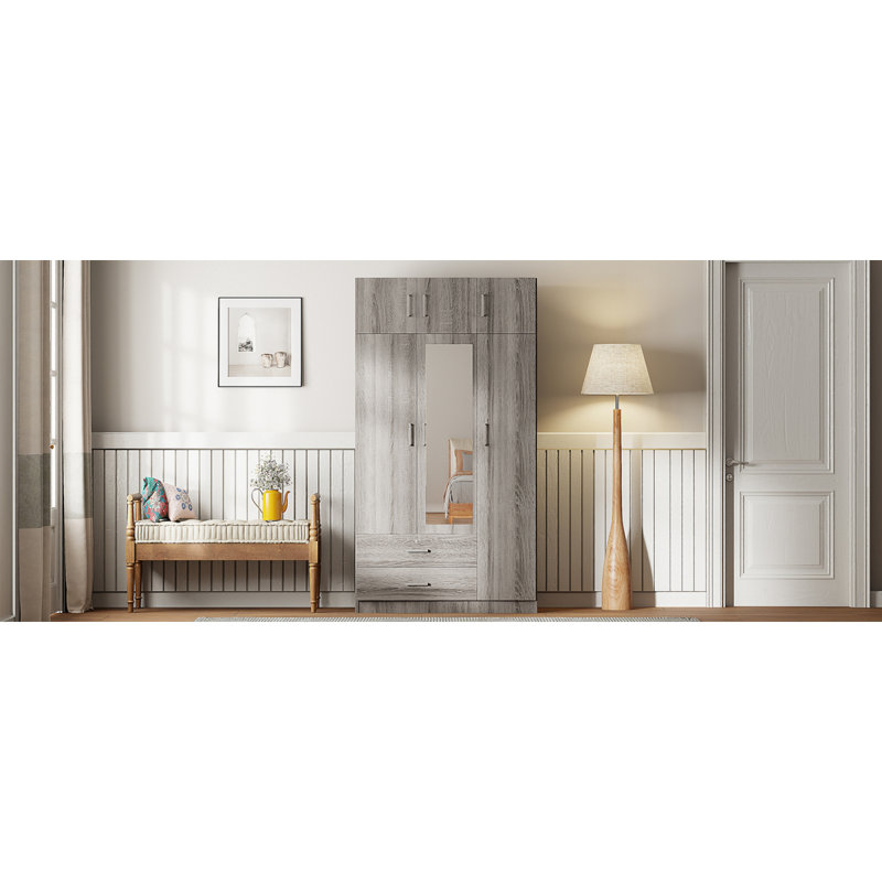 Armoire à miroir 3 portes avec 2 tiroirs et armoire supérieure, Gris