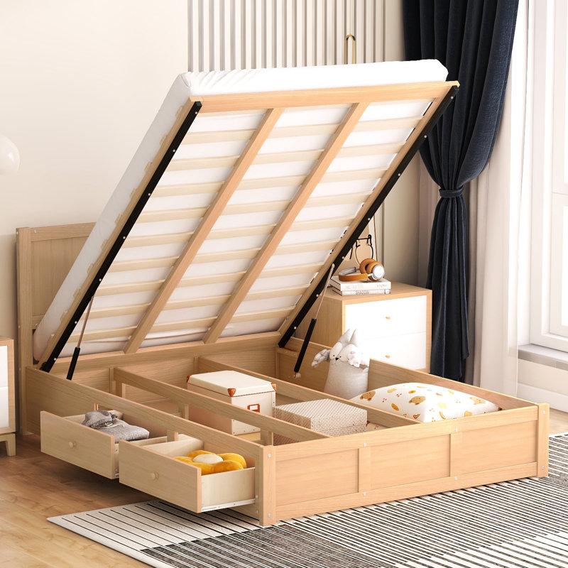 Lit plateforme en bois avec compartiments de tiroir et 2 tiroirs - Mobilier de chambre à coucher de couleur naturelle avec tiroirs de rangement