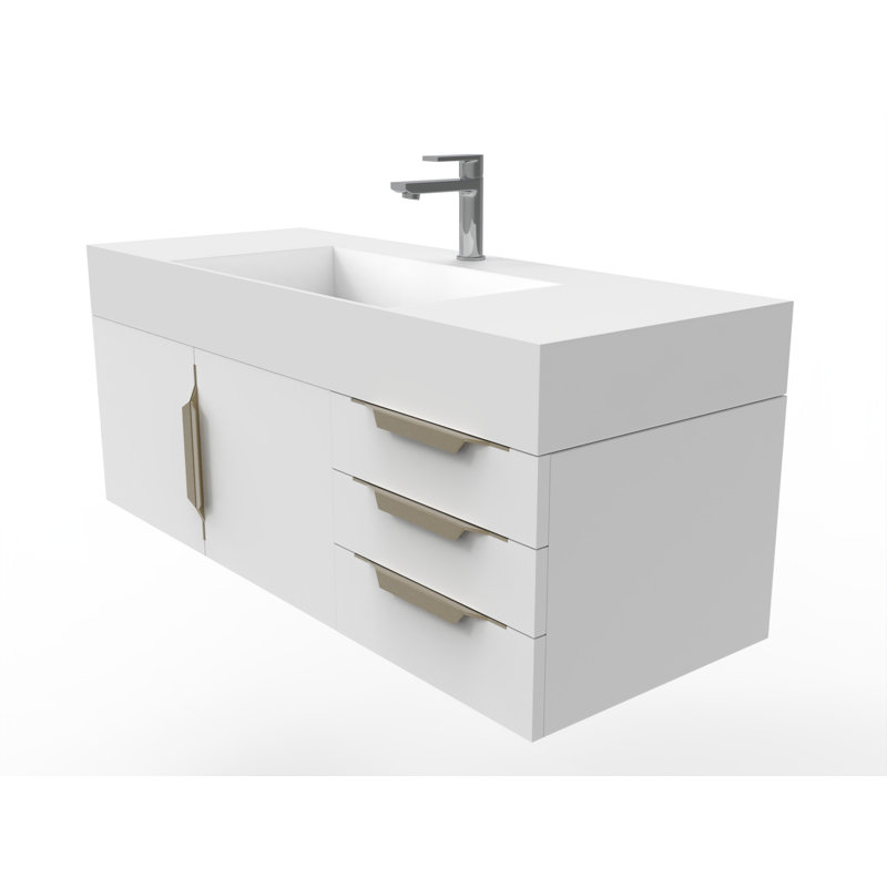 Meuble-lavabo mural simple 48 po avec comptoir à surface solide 48 po, Blanc, Blanc, Doré