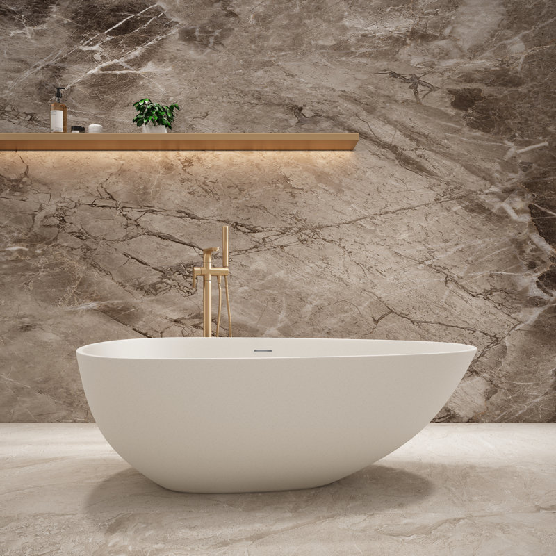 67" x 33" Freestanding Stone Surface Soaking Bathtub,  with Center Drain, Chrome Drain Assembly, Slotted Overflow