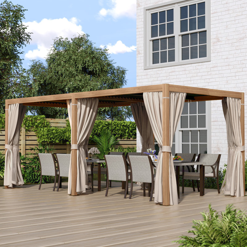 Pergola à persiennes en aluminium avec toit et rideaux réglables, 20 pi L 10 pi. D, Natural wood