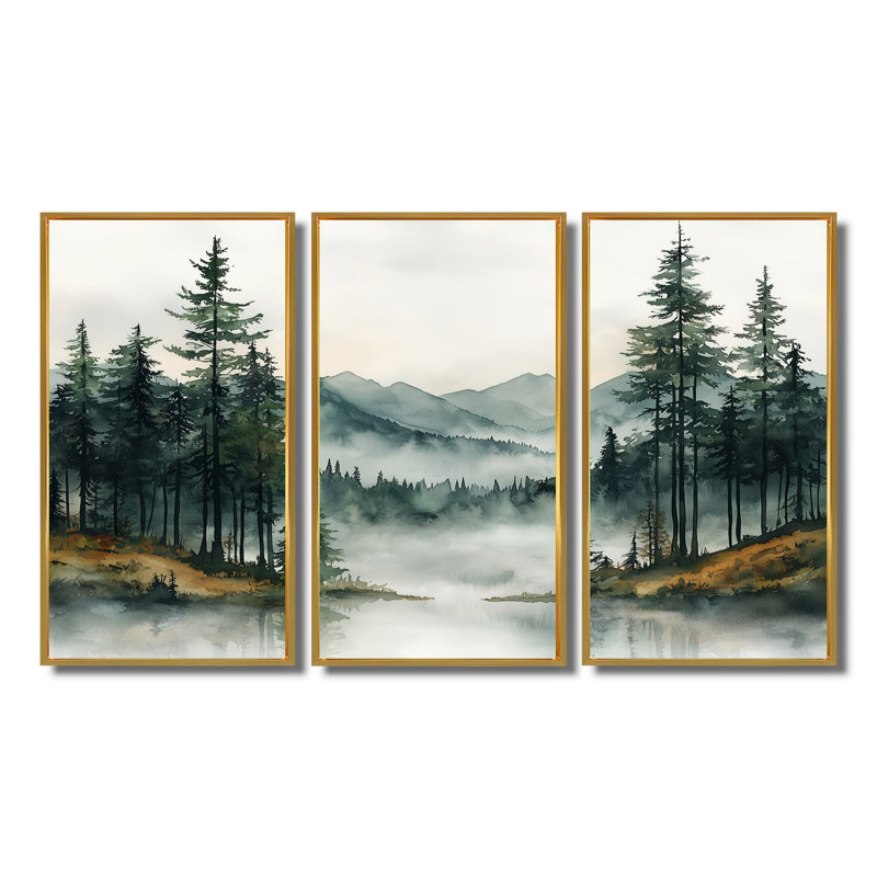«Green Pine Trees Mist Morning I», ensemble d'art mural pin, H 40 po x l 60 po x P 1 po, Toile naturelle avec cadre flottant