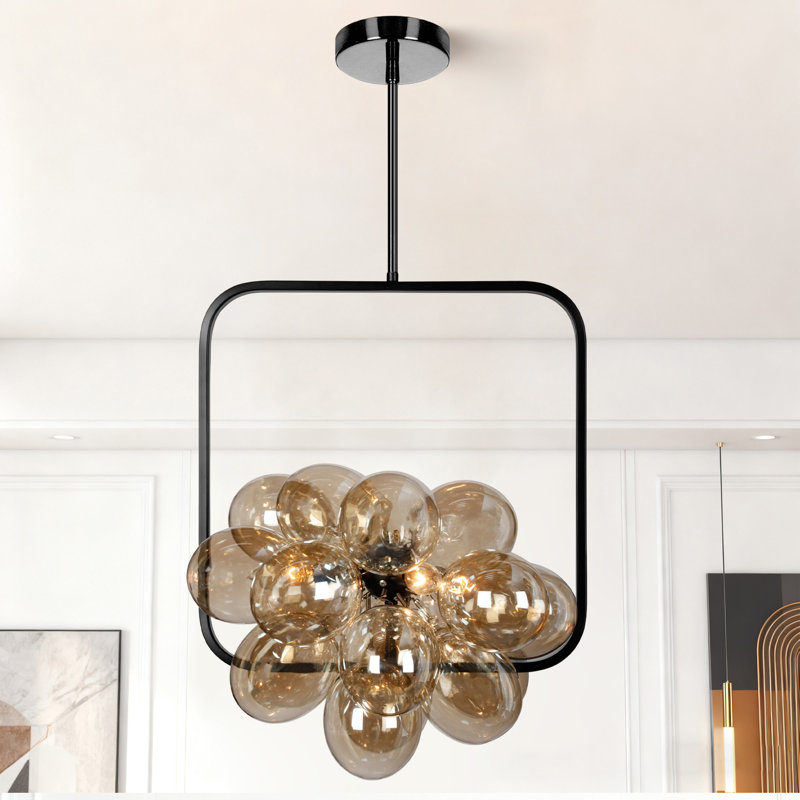 Modern Dimmable Glass Bubble Sphere Chandelier, Dia 15", Tan, Matte Black