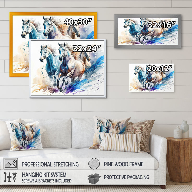 «Herd of Horses Courir IV», reproduction sur toile, L 32 po x H 24 po, Toile avec cadre flottant noir
