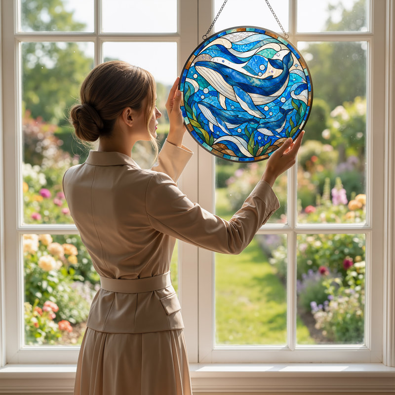 Baleines bleues nageant sur toile de vitrail circulaire, H 12 po