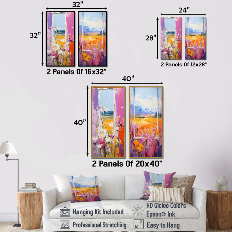 Ensemble de 2 décorations murales roses et jaunes à motif floral Windows Breeze I, Toile tendue, H 28 po x l 25 po