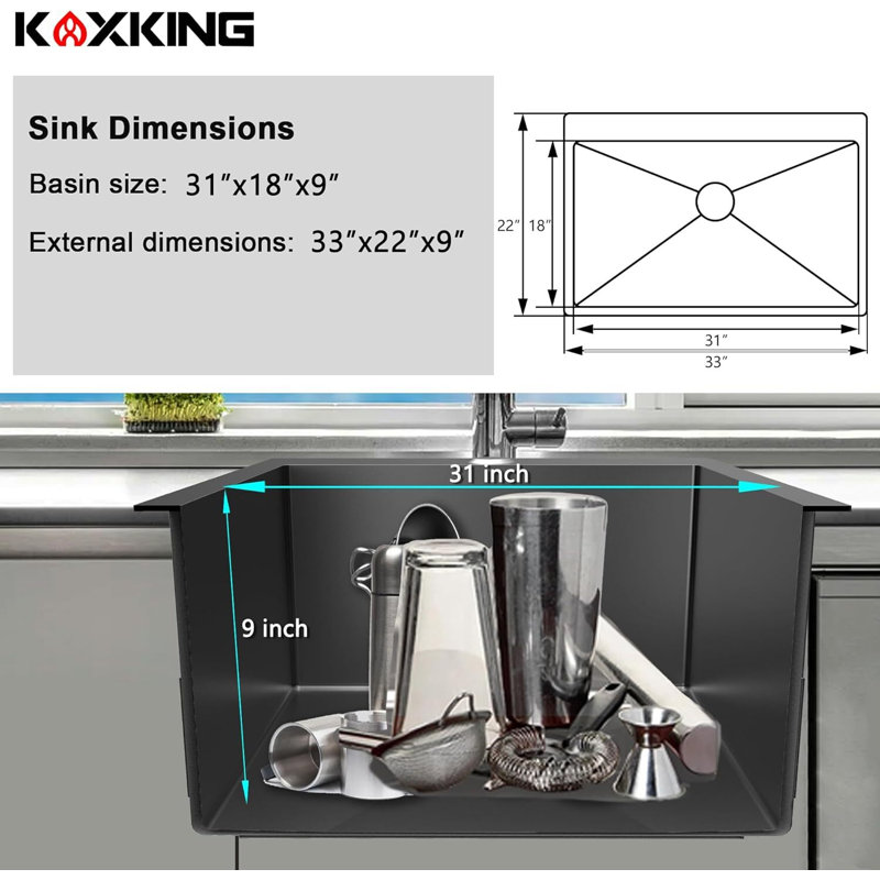 Évier de cuisine simple en acier inoxydable 33 x 22 po ForK Kitchen, Noir mat