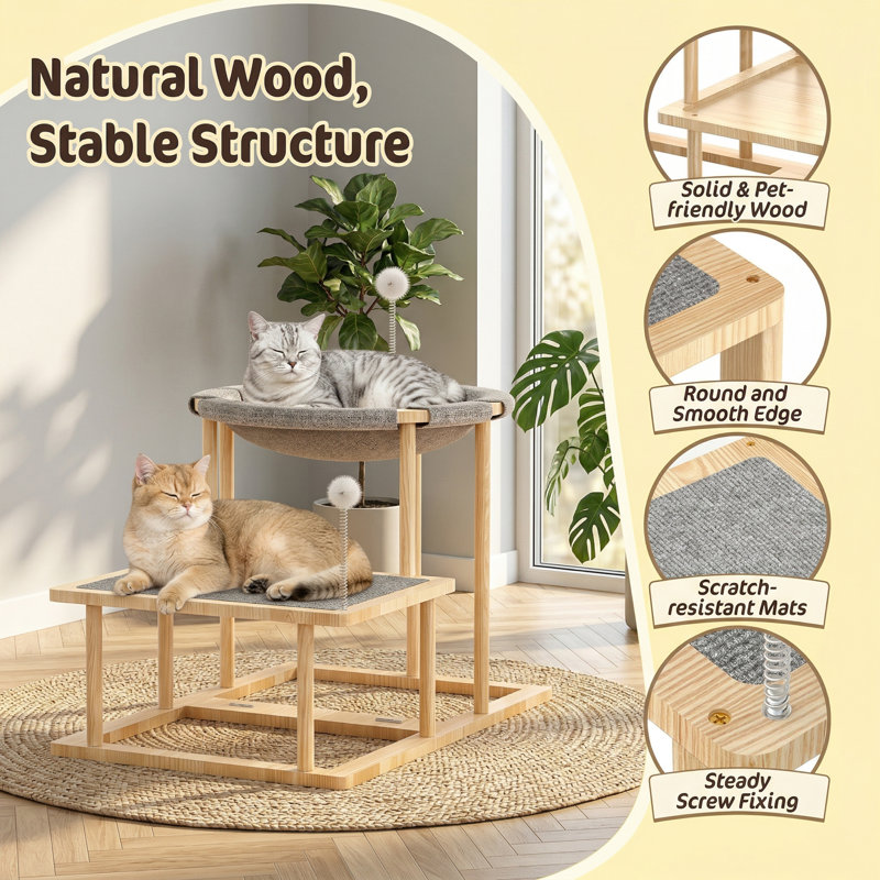 Lit hamac pour chat surélevé à 2 niveaux avec 2 teasers, meubles pour chat en bois avec tapis à gratter, lit double pour chat en forme d'escalier pour l'escalade de chatons d'intérieur