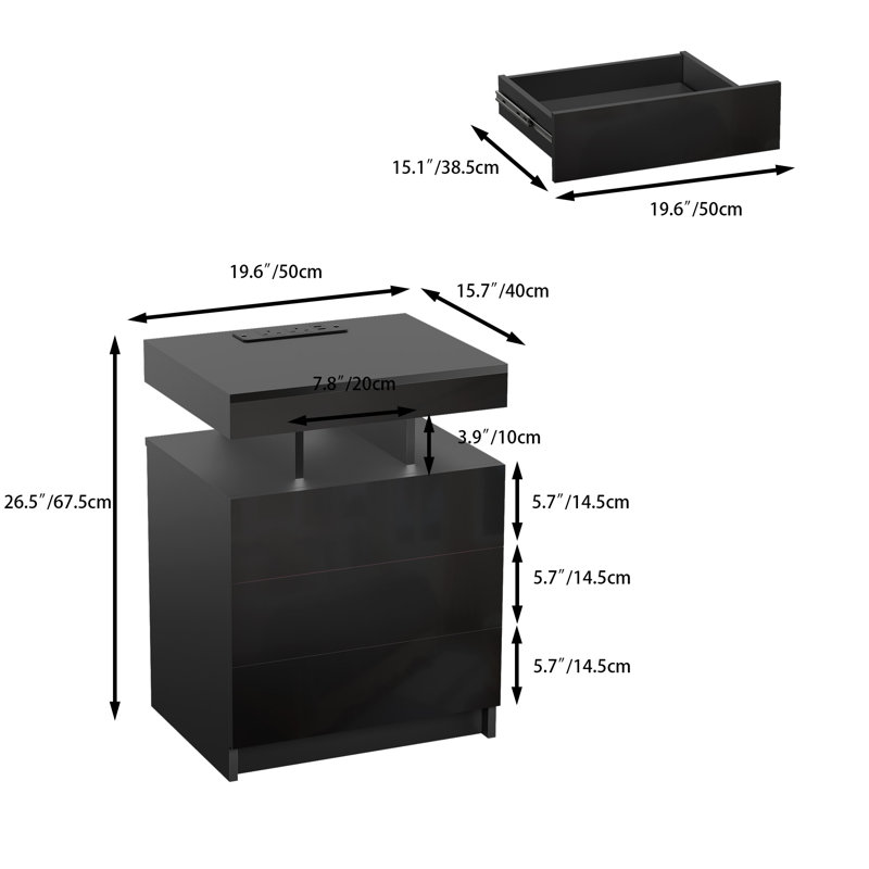 3 Drawers Bedside Table with Lift-Top, Black Bedside Cabinet with Bluetooth LED Light Strip & UK Charging Station 2AC/2USB, Wooden Sideboard Drawer Cabinet for Bedroom Living Room, UK Plug
