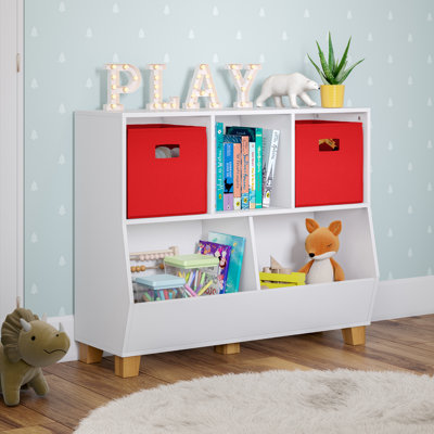 RiverRidge Kids Catch-All Playroom 35in Toy Storage Organizer with 3 Cubbies and 2 Storage Compartments - White with 2 Fabric Bins