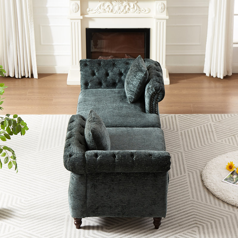 81-inch Chenille Chaise With Button Seat And Back, Nailhead Trim, Rolled Arms For Living Room, Lounge Office, 1 Face-face Grace, 2 Pillows,