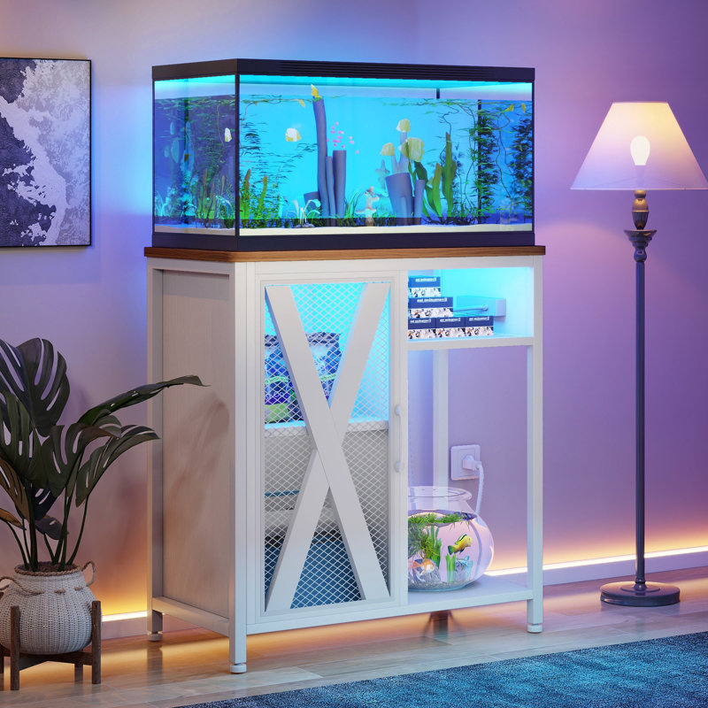 Deshayla Rectangle Aquarium Stand with Power Outlets & LED Light, White, 30 Gallon