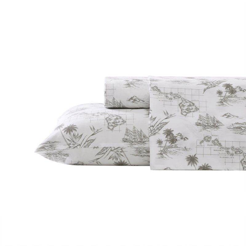 Tommy Bahama Printed Percale Cotton Sheet Set, Queen Sheet Set with 2 Pillowcases, Brown Vintage Map