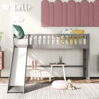 Lit mezzanine simple bas avec échelle et toboggan, gris
