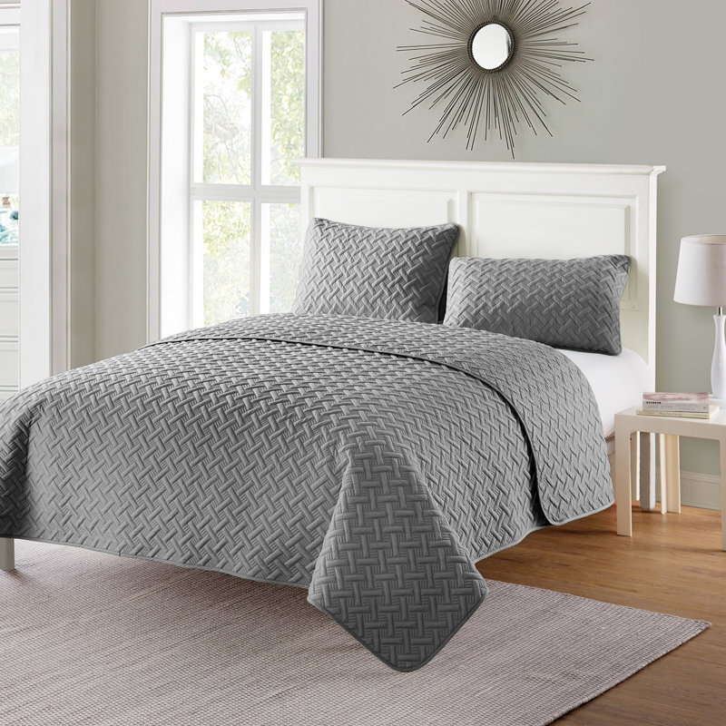 Ensemble de courtepointe à tissage de panier Nina, Gris, Couvre-lit très grand et 2 taies décoratives