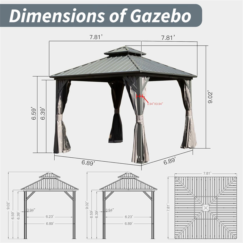 Metal Vault Gazebo, Gray, 108.24" H x 93.72" W x 93.72" D