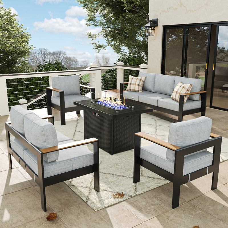 2 Piece Outdoor Armchair With Wood Plastic Armrest, Light Gray