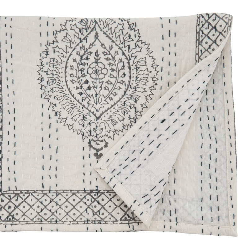 Gray Cotton Kantha Stitch Block Print Table Runner