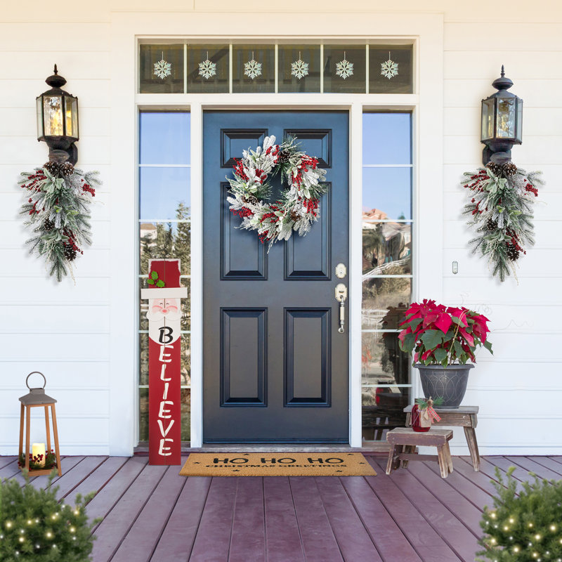 28"H Christmas Flocked Pinecone & Berry Teardrop