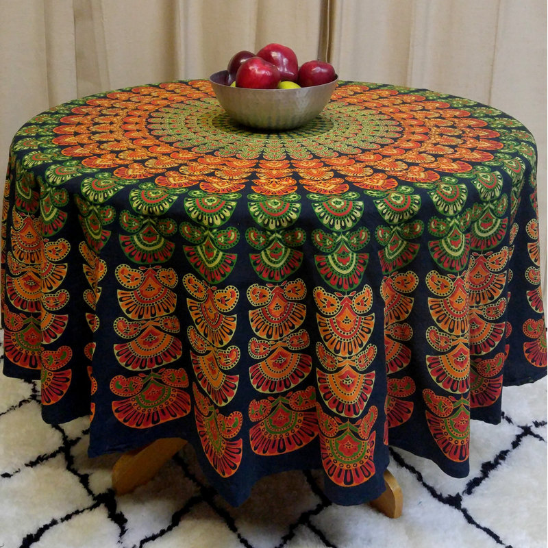 Lawhon Cotton Sanganer Peacock Mandala Tablecloth, Green Orange