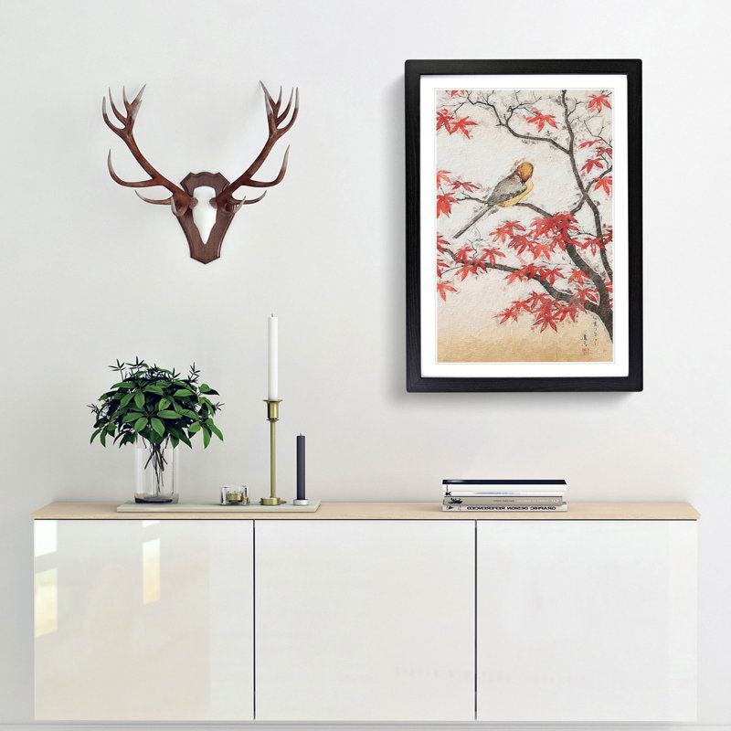 Bird In Autumn by Toshi Yoshida - Single Picture Frame Painting, 45cm H x 33cm W x 2cm D, Black Framed