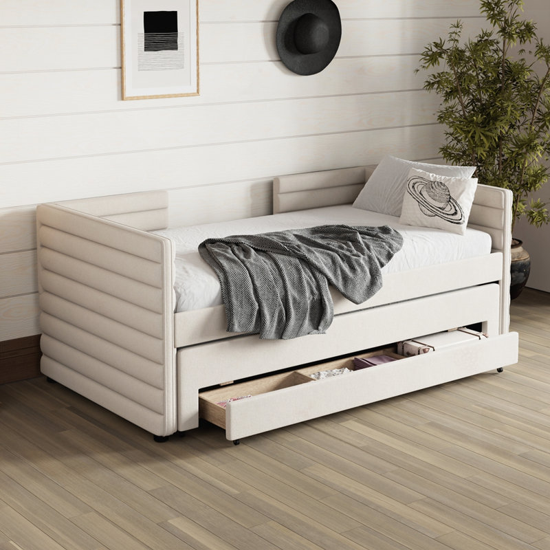 Upholstered Daybed with Trundle and Drawers, Beige