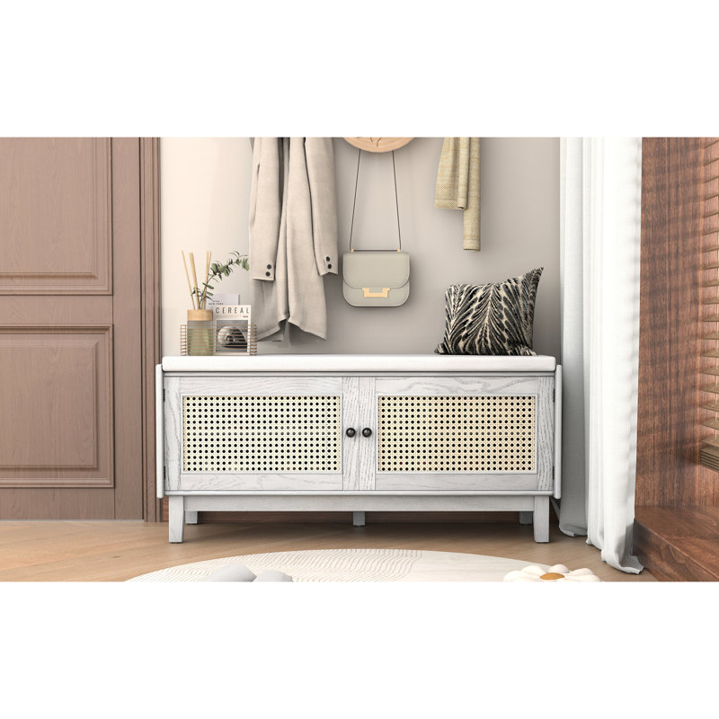 Style bohémien, banc de rangement, pied réglable, 4 compartiments divisés, 3 niveaux réglables, gris délavé, portes d'entrée beige, sièges rembourrés, intérieur élégant, capacité de 200 lb, beige, délavé