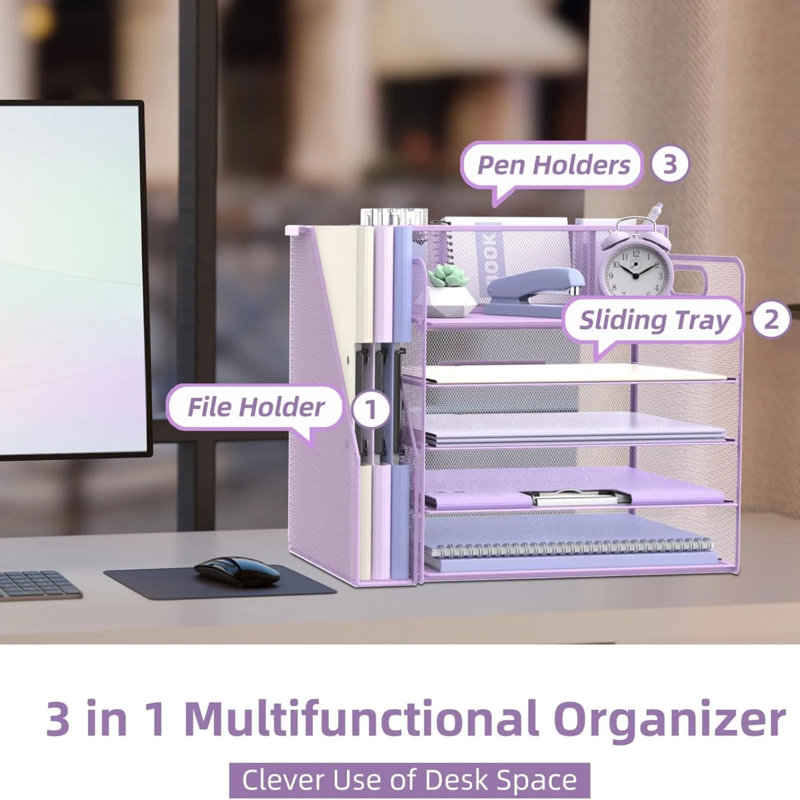 Organisateur de bureau à 5 niveaux avec 3 porte-stylos, organisateur de bureau avec porte-revues, accessoires de bureau en filet