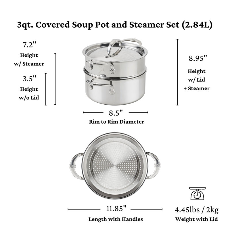 Hestan Probond Luxe 3-Quart Polished Professional Clad Stainless Steel Soup Pot And Steamer Insert Set