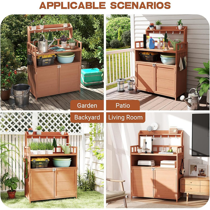 Outdoor Potting Bench Table For Outside, Solid Fir Wood Garden H...