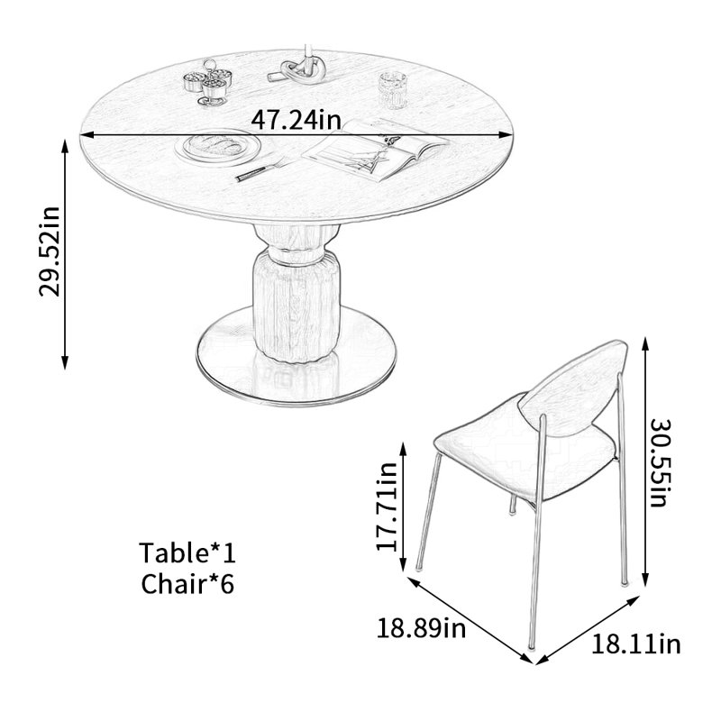 Solid Stable Lantern-shaped Round Dining Table Set, 7 Pieces: Table, 6 Chairs, 29.52" H x 47.24" W x 47.24" D