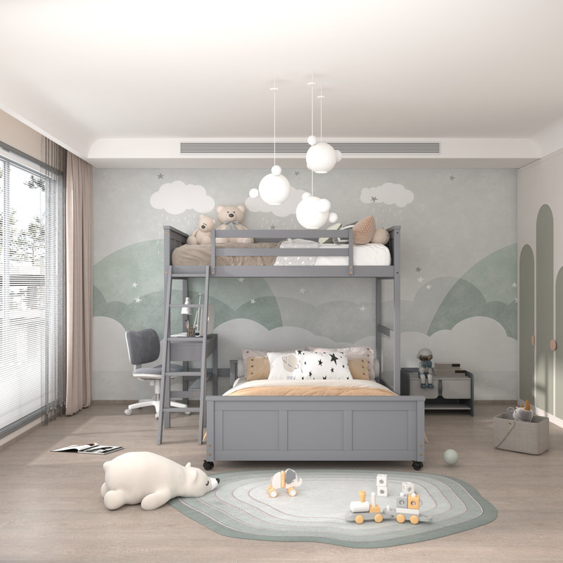 Lits simples superposés sur lit double avec bureau et tiroirs, lit mezzanine simple en bois avec cadre de lit plateforme double amovible, lit superposé avec échelle