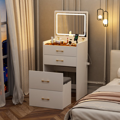 Meuble-lavabo blanc avec station de charge, miroir ouvert et plateau en verre