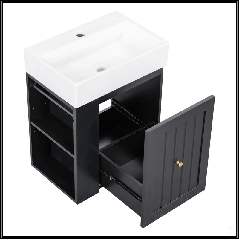 Meuble-lavabo de 20 pouces avec lavabo en céramique, armoire de rangement en panneau de fibres à densité moyenne, tiroir, tablette latérale et poignée pour les petites salles de bain