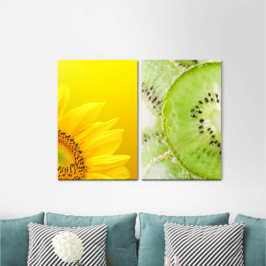 2-tlg. Leinwandbilder-Set - Grafikdruck „Sunflower Yellow Kiwi Kitchen Food Green Fresh”