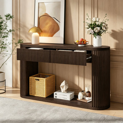 Console ovale cannelée avec 2 tiroirs et tablette inférieure