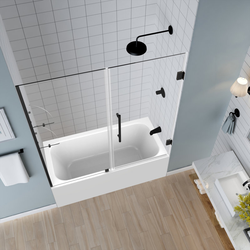 Matte Black Frameless Hinged Tub Door with Clear Glass