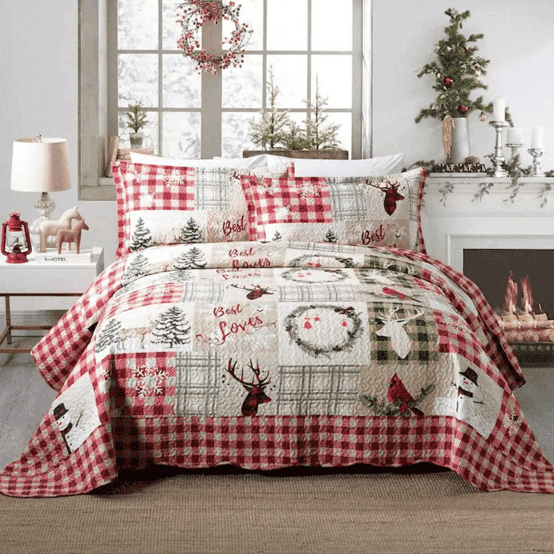Festive Red and White Reversible Queen Microfiber Quilt Set