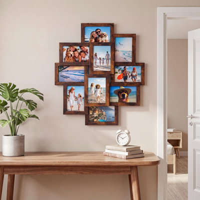 10 Opening Collage Photo Frame Wall Mounted, Diamond Picture Frame, Brown