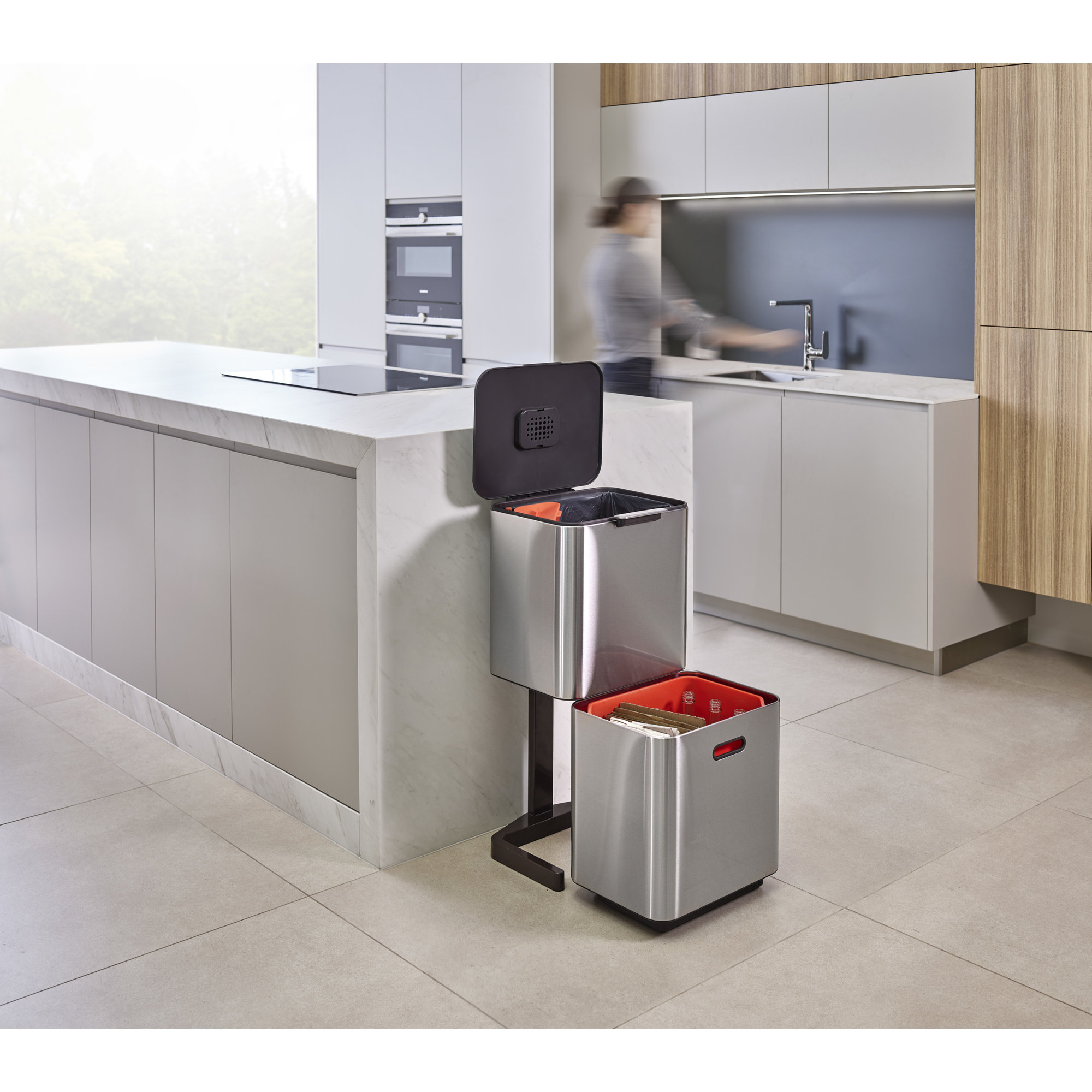 Joseph Joseph Totem Waste & Recycling Dual Kitchen Trash Can, 15.85 US Gallons, Stainless Steel