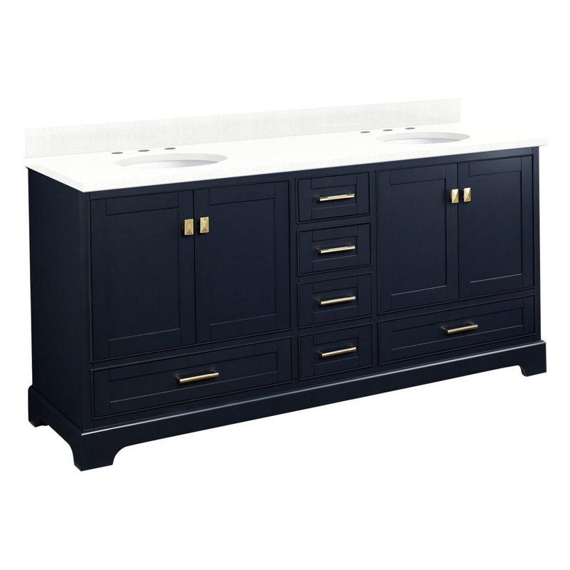 Quen 72" Freestanding Double Basin Vanity Set with Cabinet, Vanity Top, and Oval Undermount Sinks, Gray, Arctic White Quartz