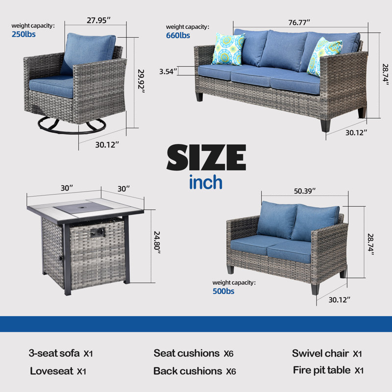 Meriyah Premium All-Weather Wicker 6 - Person Patio Conversation Set with Cushions, Denim Blue