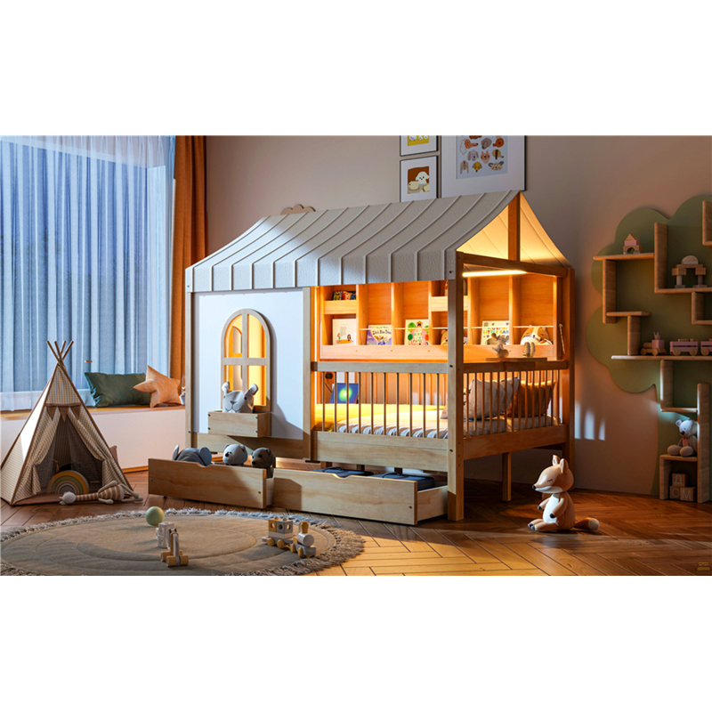 Full Size House Bed With 2 Large Drawers, Side Bookshelf With LED Strip, Natural