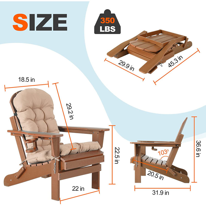 Folding Adirondack Chairs With Cushion, Hdpe Oversized Patio Chair Weather Resistant, Teak