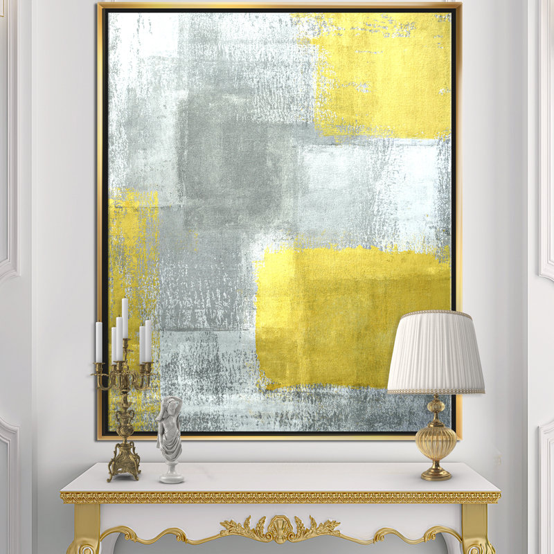 «Gray and Yellow Blue Abstract», reproduction d'art sur toile, H 46 po x l 36 po x P 1,5 po, Cadre flottant doré