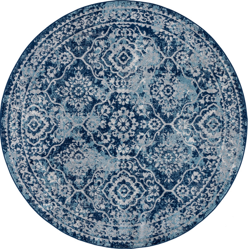 Tapis bleu / crème Ezralynn, Rond 7 pi 10 po