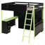 Lit mezzanine double en bois avec bureau, grand espace de rangement et lumière, vert